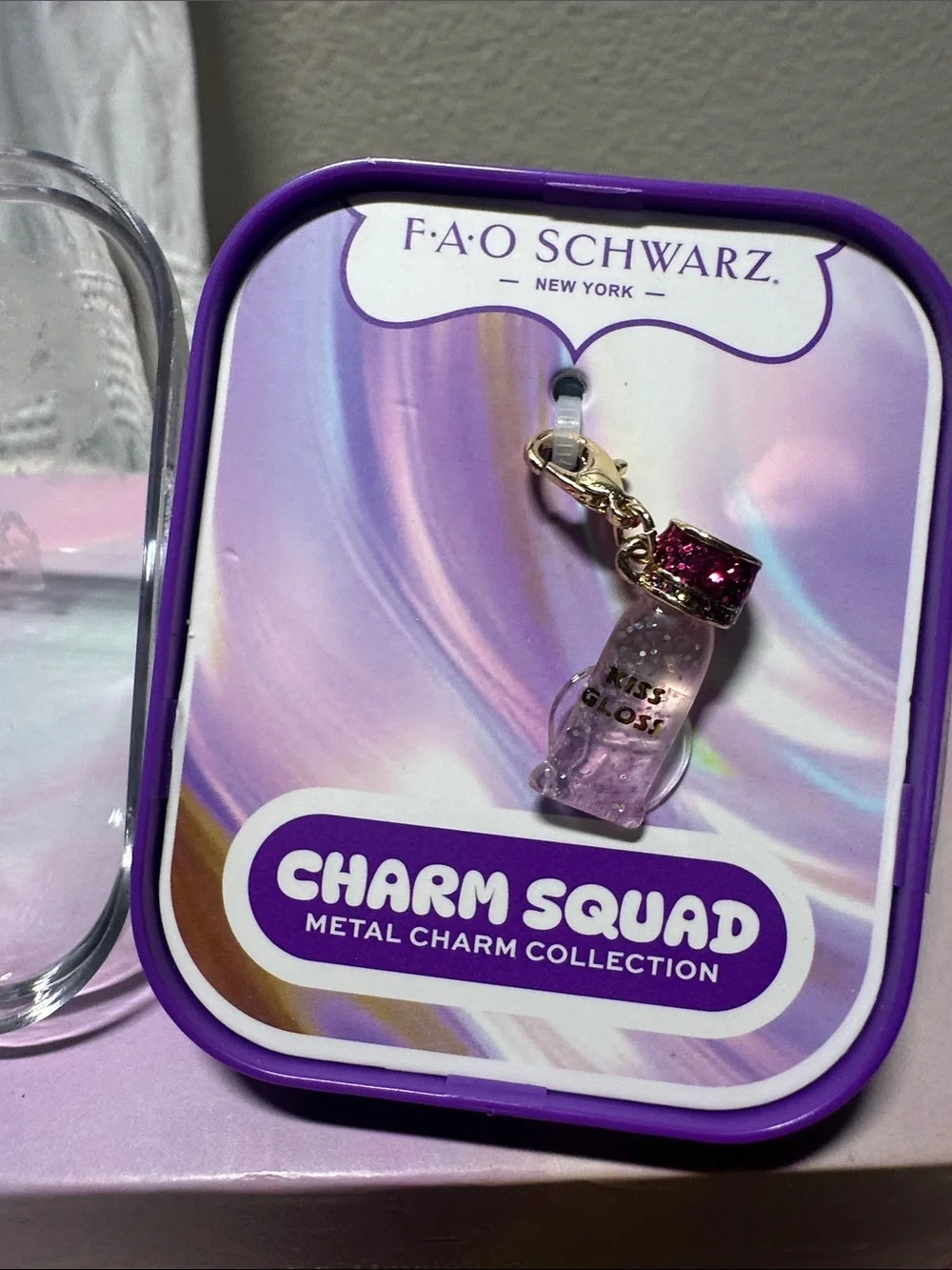 FAO Schwarz Purple Glitter Kiss Gloss Bottle Charm with Pink Rhinestones. NWT